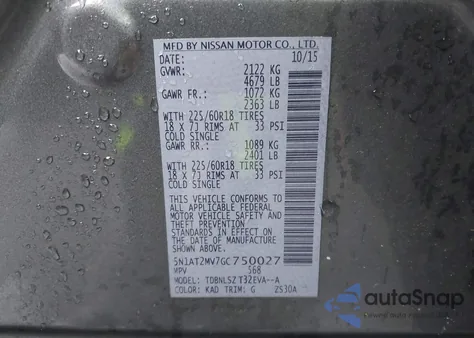 2016 Nissan Rogue Sl z USA, uszkodzony, nr VIN 5N1AT2MV7GC750027